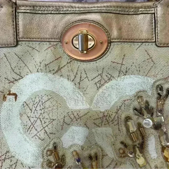 AUTHENTIC COACH 17031 AUDREY CORAL CANVAS TOTE PURSE BAG CREAM PINK VACATION - Picture 7 of 12